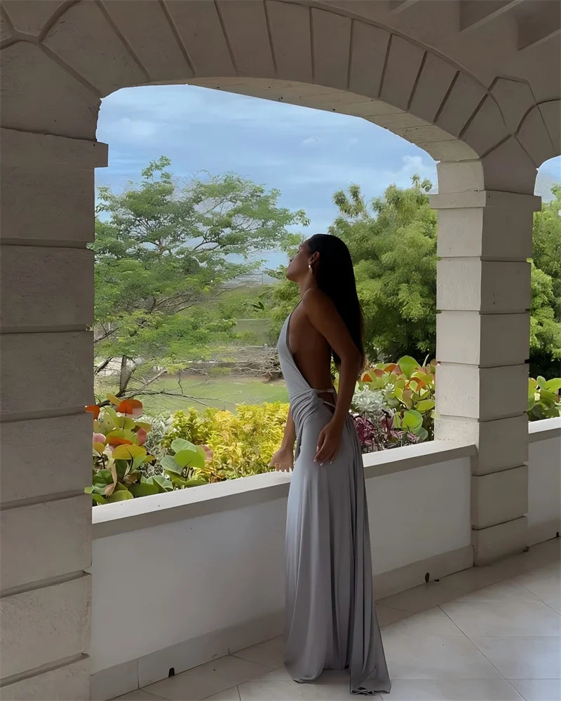 One Shoulder Backless Metal Buckle Diagonal Collar Sleeveless Draped Club Long Dress