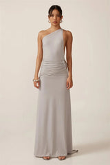 One Shoulder Backless Metal Buckle Diagonal Collar Sleeveless Draped Club Long Dress