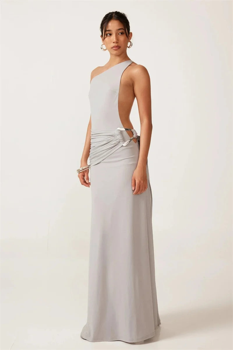 One Shoulder Backless Metal Buckle Diagonal Collar Sleeveless Draped Club Long Dress