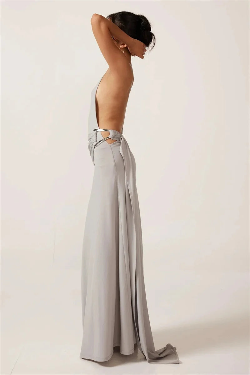 One Shoulder Backless Metal Buckle Diagonal Collar Sleeveless Draped Club Long Dress