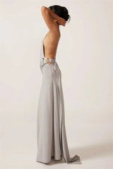 One Shoulder Backless Metal Buckle Diagonal Collar Sleeveless Draped Club Long Dress