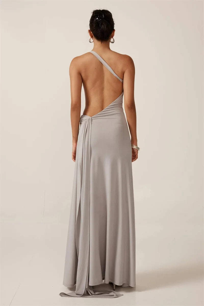 One Shoulder Backless Metal Buckle Diagonal Collar Sleeveless Draped Club Long Dress