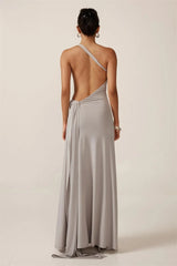 One Shoulder Backless Metal Buckle Diagonal Collar Sleeveless Draped Club Long Dress