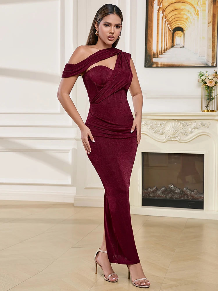 One Shoulder Draped Slim Long Corset Patchwrok Bodycon Evening Celebrity Cocktail Gowns