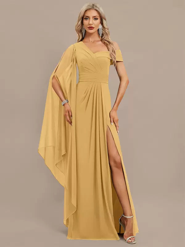 Elegant One-Shoulder Floor-Length Short Sleeves Zipper Chiffon Maxi Dress