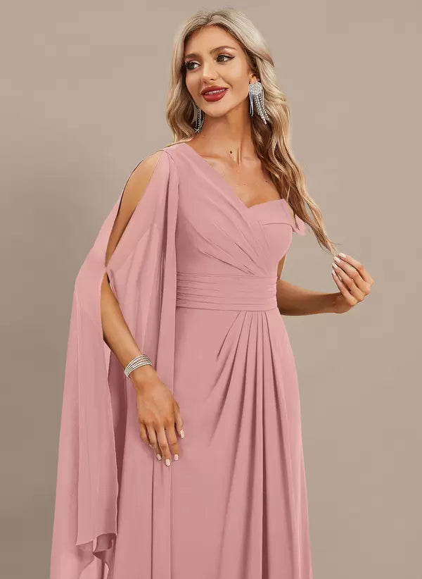 Elegant One-Shoulder Floor-Length Short Sleeves Zipper Chiffon Maxi Dress