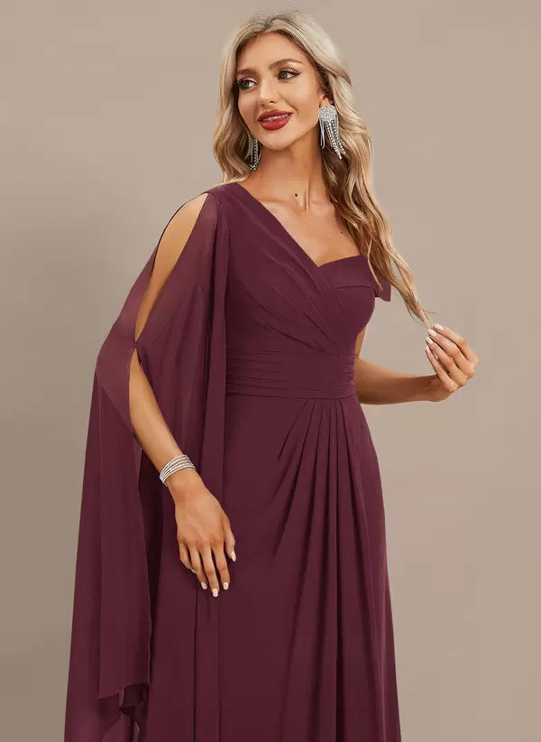 Elegant One-Shoulder Floor-Length Short Sleeves Zipper Chiffon Maxi Dress
