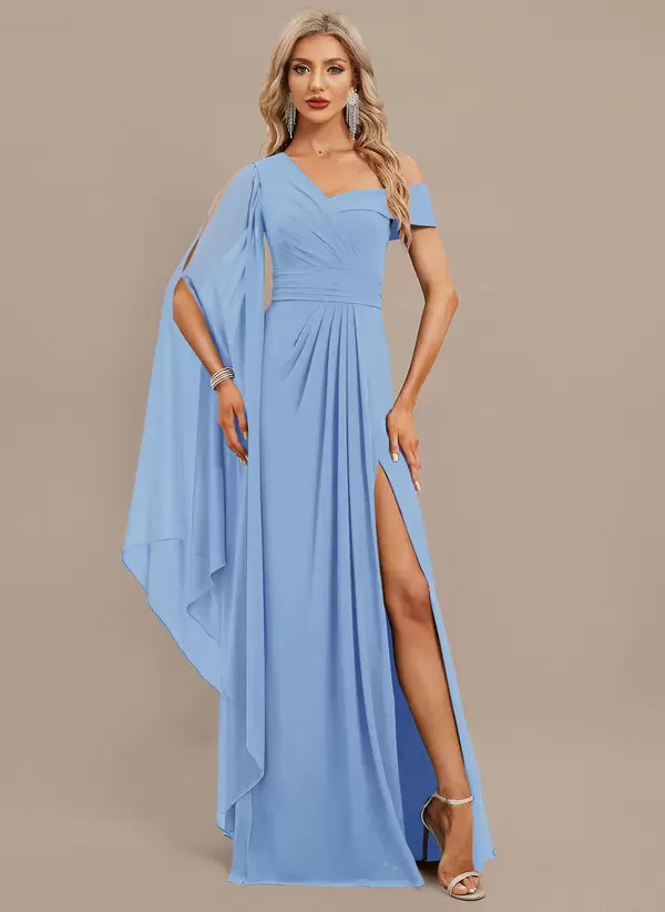 Elegant One-Shoulder Floor-Length Short Sleeves Zipper Chiffon Maxi Dress
