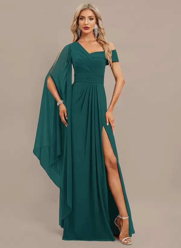 Elegant One-Shoulder Floor-Length Short Sleeves Zipper Chiffon Maxi Dress