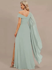 Elegant One-Shoulder Floor-Length Short Sleeves Zipper Chiffon Maxi Dress