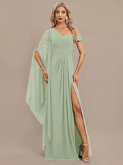 Elegant One-Shoulder Floor-Length Short Sleeves Zipper Chiffon Maxi Dress