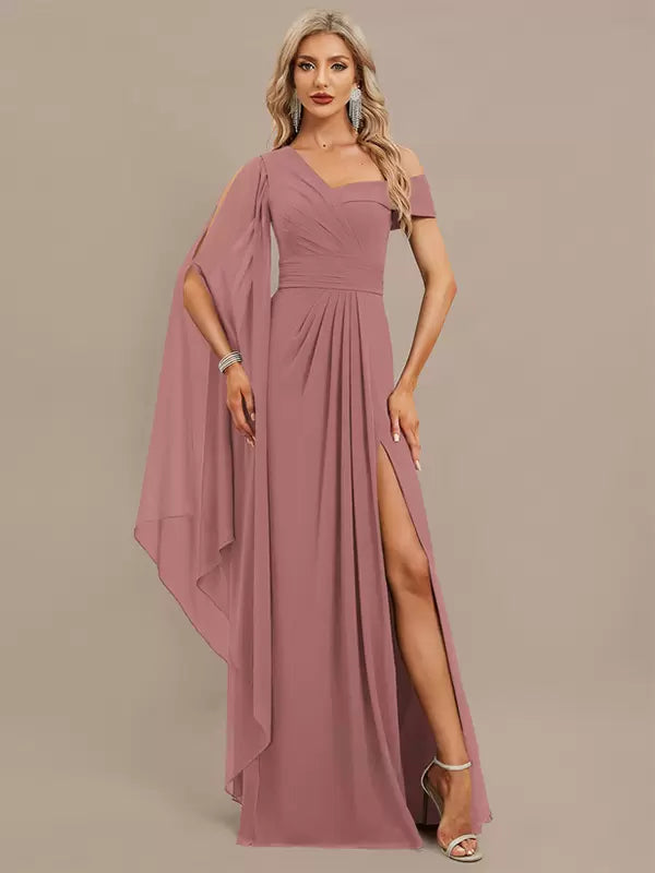 Elegant One-Shoulder Floor-Length Short Sleeves Zipper Chiffon Maxi Dress