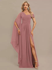 Elegant One-Shoulder Floor-Length Short Sleeves Zipper Chiffon Maxi Dress