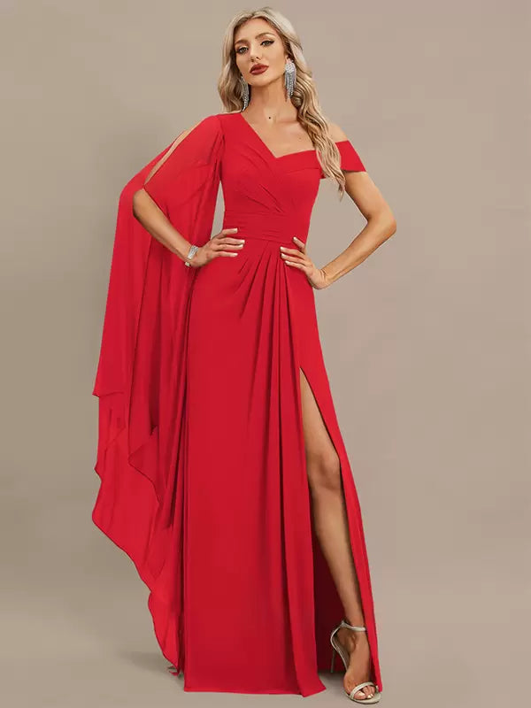 Elegant One-Shoulder Floor-Length Short Sleeves Zipper Chiffon Maxi Dress