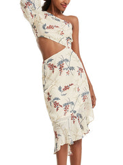One Shoulder Floral Printed Cut Out Waist Asymmetrical Beach Dress