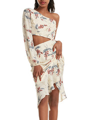 One Shoulder Floral Printed Cut Out Waist Asymmetrical Beach Dress