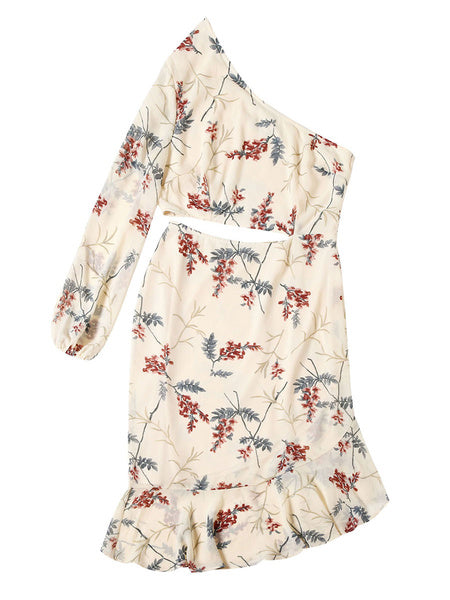 One Shoulder Floral Printed Cut Out Waist Asymmetrical Beach Dress