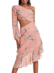 One Shoulder Floral Printed Cut Out Waist Asymmetrical Beach Dress