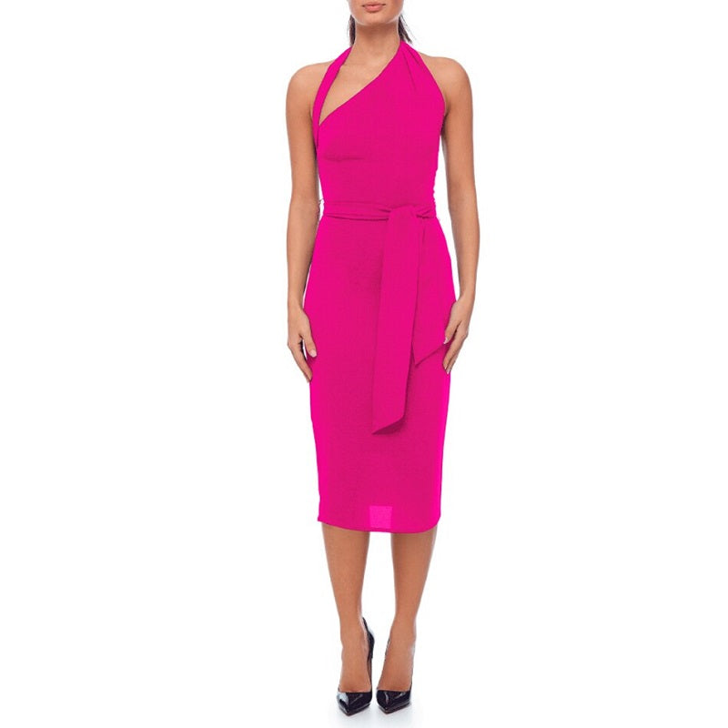 One Shoulder Halter Strap Midi Club Bandage Dress