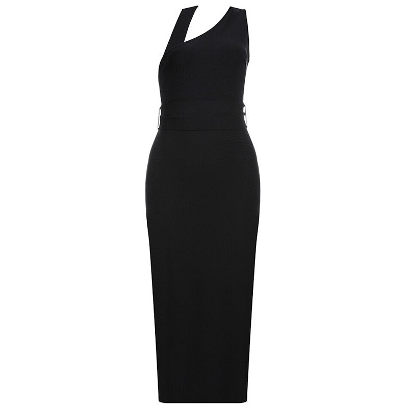 One Shoulder Halter Strap Midi Club Bandage Dress