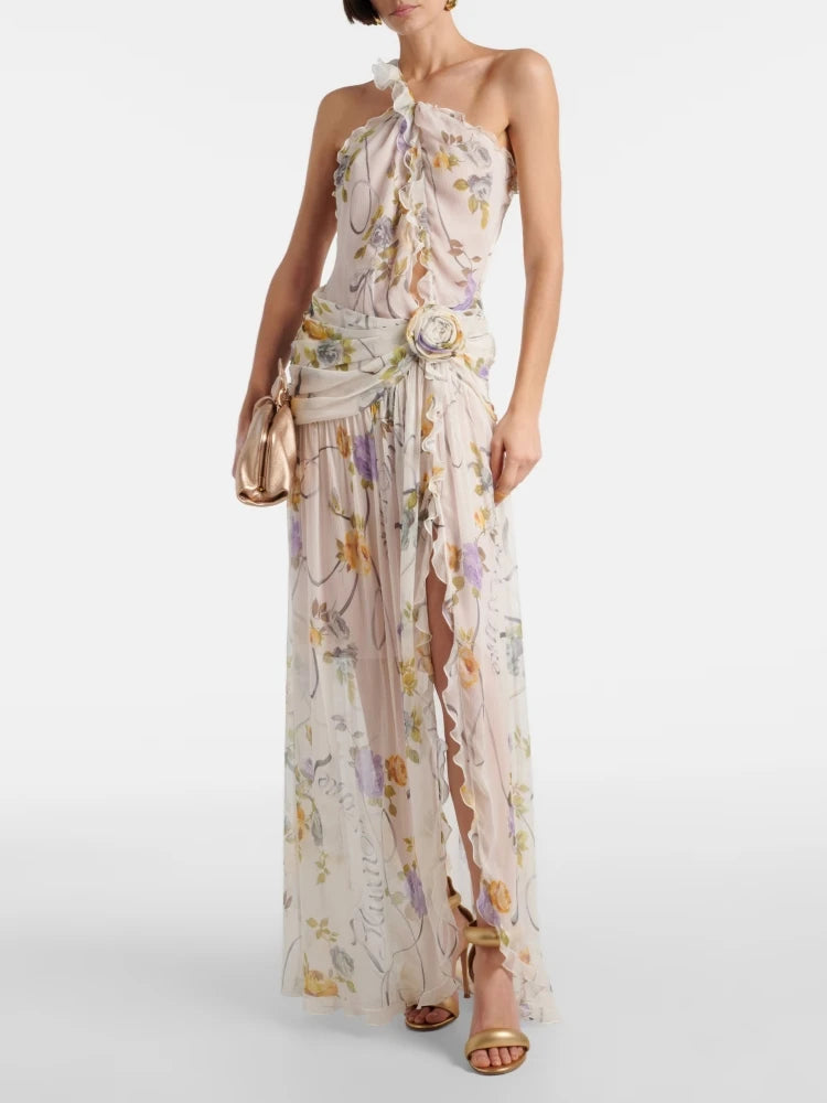 One Shoulder Hollow Out Printed Sleeveless Backless Flower Ruffles Split Slim Dresses
