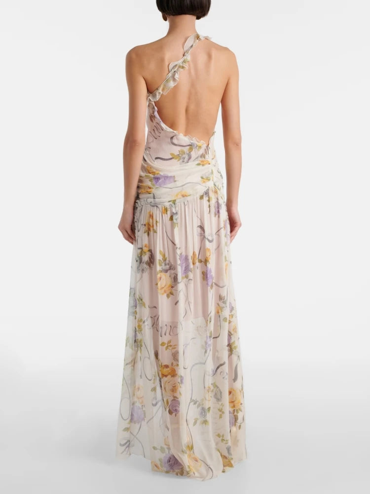 One Shoulder Hollow Out Printed Sleeveless Backless Flower Ruffles Split Slim Dresses