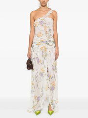 One Shoulder Hollow Out Printed Sleeveless Backless Flower Ruffles Split Slim Dresses