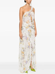 One Shoulder Hollow Out Printed Sleeveless Backless Flower Ruffles Split Slim Dresses