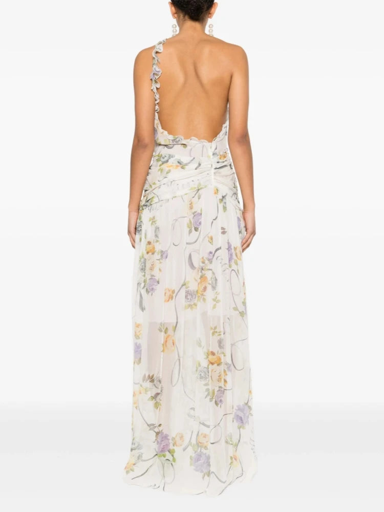 One Shoulder Hollow Out Printed Sleeveless Backless Flower Ruffles Split Slim Dresses