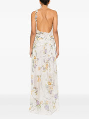 One Shoulder Hollow Out Printed Sleeveless Backless Flower Ruffles Split Slim Dresses