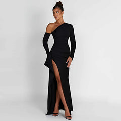One Shoulder Long Sleeve Long Party Evening Dresses Elegant Gown Backless Ruffle Maxi Dress