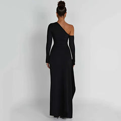 One Shoulder Long Sleeve Long Party Evening Dresses Elegant Gown Backless Ruffle Maxi Dress