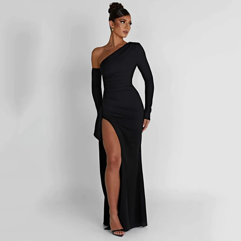 One Shoulder Long Sleeve Long Party Evening Dresses Elegant Gown Backless Ruffle Maxi Dress