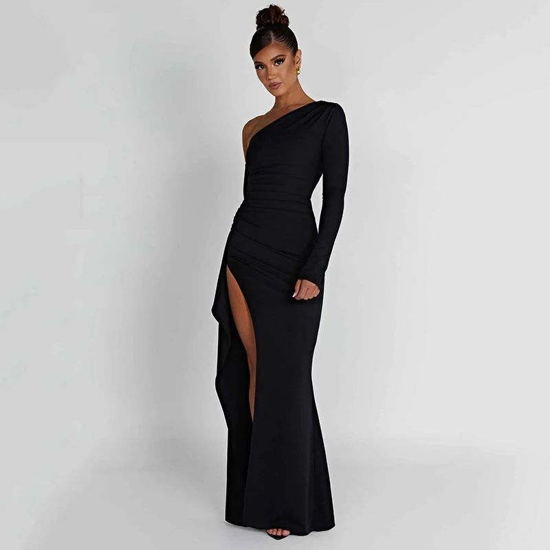 One Shoulder Long Sleeve Long Party Evening Dresses Elegant Gown Backless Ruffle Maxi Dress