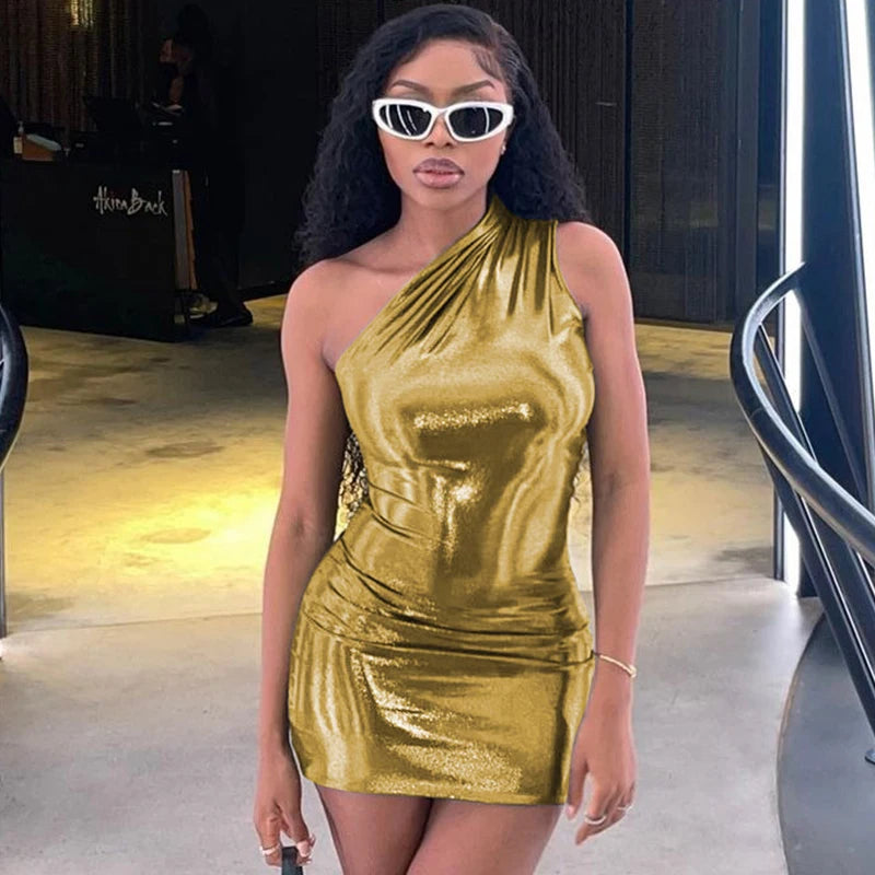 One Shoulder Night Club Bodycon Tight Short Metallic Mini Dress