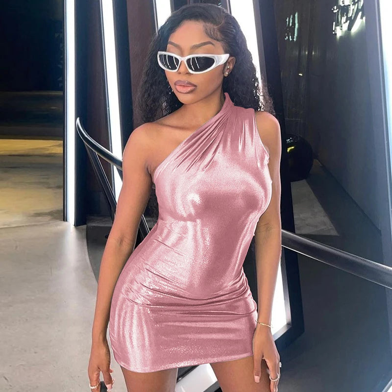 One Shoulder Night Club Bodycon Tight Short Metallic Mini Dress