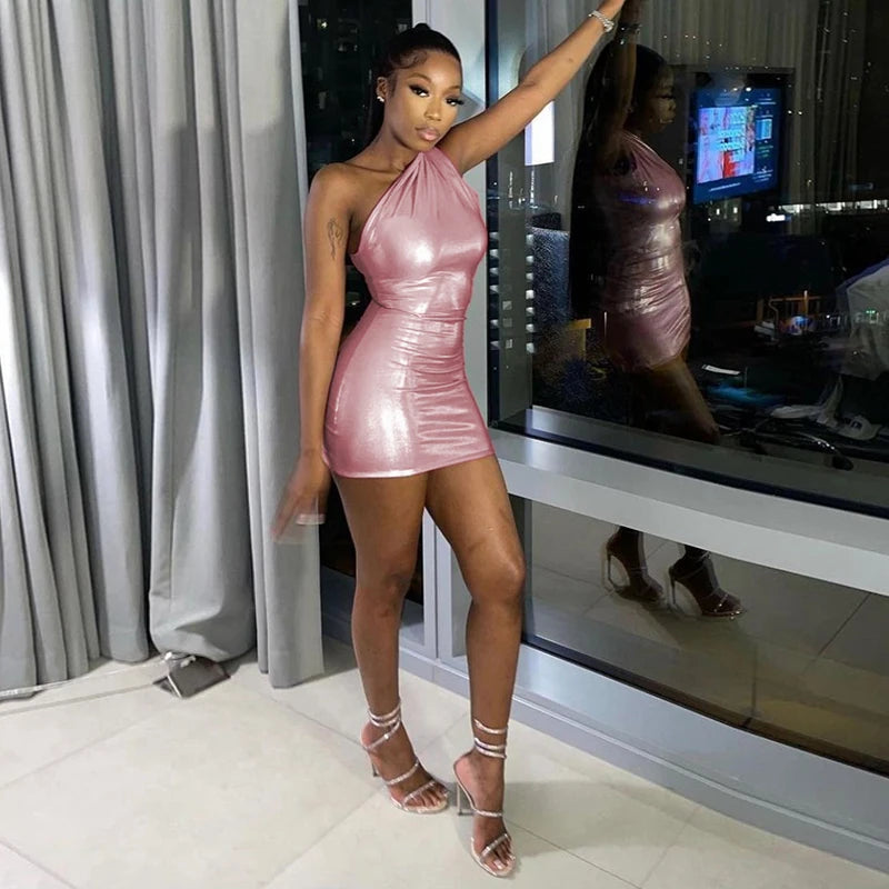 One Shoulder Night Club Bodycon Tight Short Metallic Mini Dress