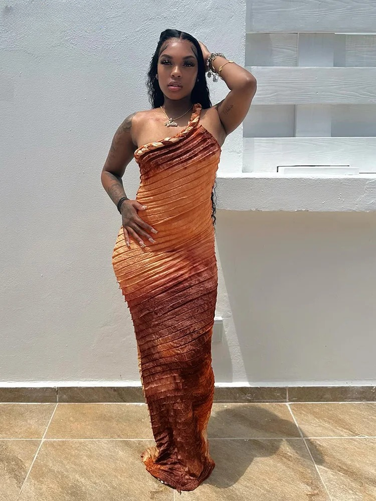 One Shoulder Patchwork Stripes Tie-Dye Print Bodycon Dress