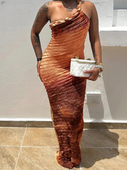 One Shoulder Patchwork Stripes Tie-Dye Print Bodycon Dress