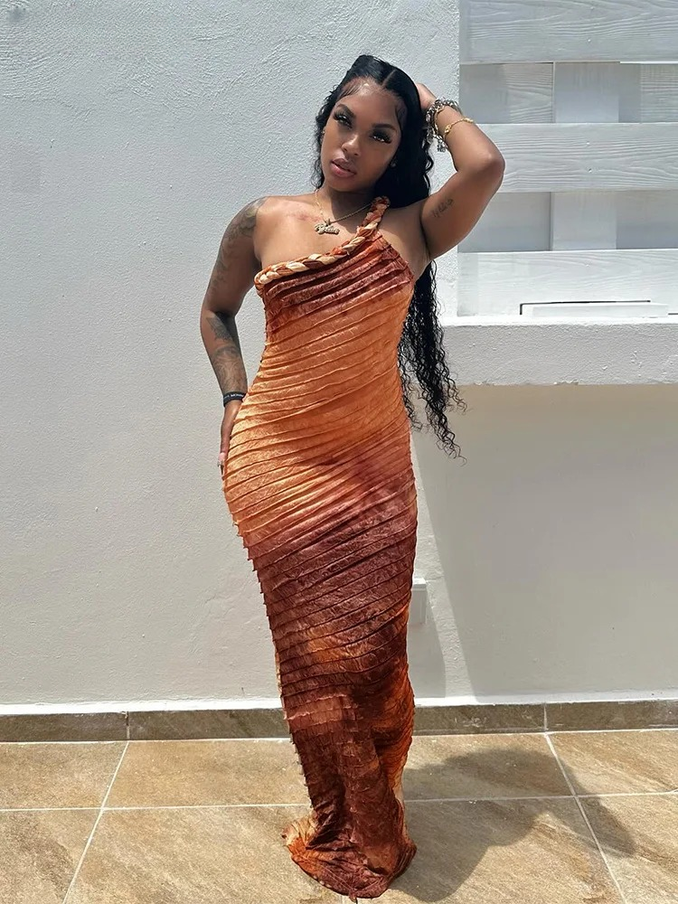 One Shoulder Patchwork Stripes Tie-Dye Print Bodycon Dress