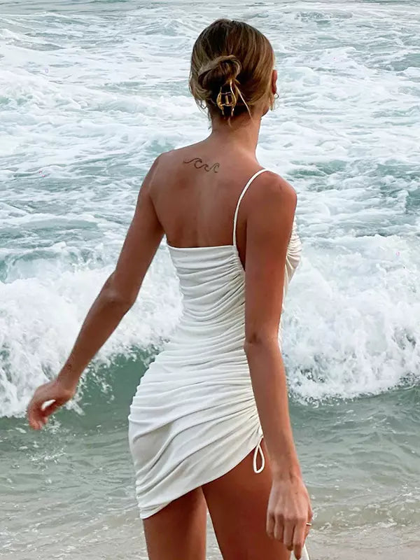One Shoulder Pleated With Drawstring Detail Bodycon Mini Dress