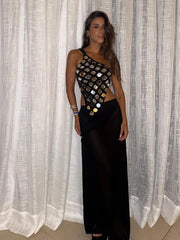 One Shoulder Sequined Backless Top Long Skirts Suits Evening Party Cocktail Two Piece Set