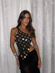 One Shoulder Sequined Backless Top Long Skirts Suits Evening Party Cocktail Two Piece Set
