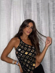 One Shoulder Sequined Backless Top Long Skirts Suits Evening Party Cocktail Two Piece Set