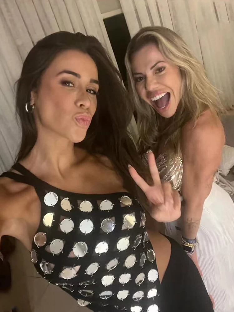 One Shoulder Sequined Backless Top Long Skirts Suits Evening Party Cocktail Two Piece Set