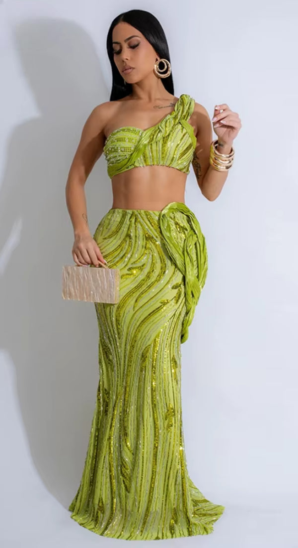 One Shoulder Sleeveless Crop Tops and Fishtail Skirt Two Piece Sets Outfits