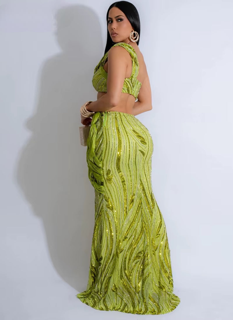 One Shoulder Sleeveless Crop Tops and Fishtail Skirt Two Piece Sets Outfits
