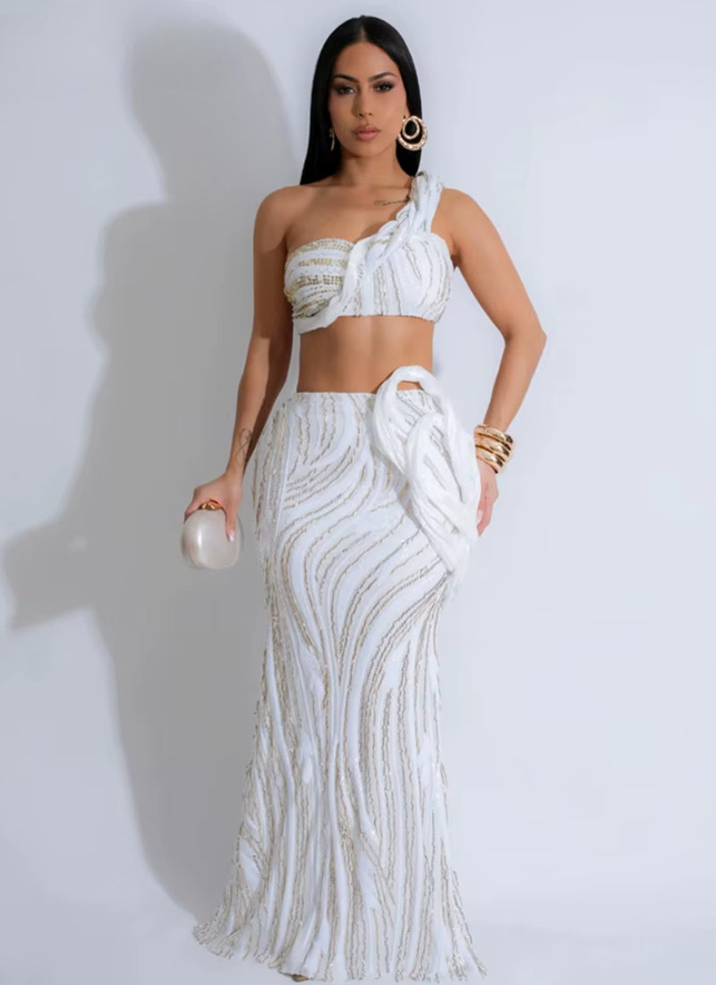 One Shoulder Sleeveless Crop Tops and Fishtail Skirt Two Piece Sets Outfits
