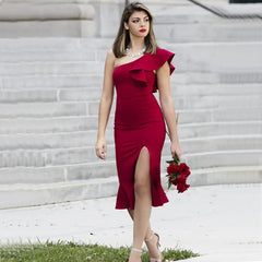 One Shoulder Slit Fishtail Midi Dress Flounce Elegant Empire Clubwear