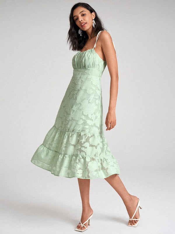 Open Back Tie Shoulder Strap High Waist Dress